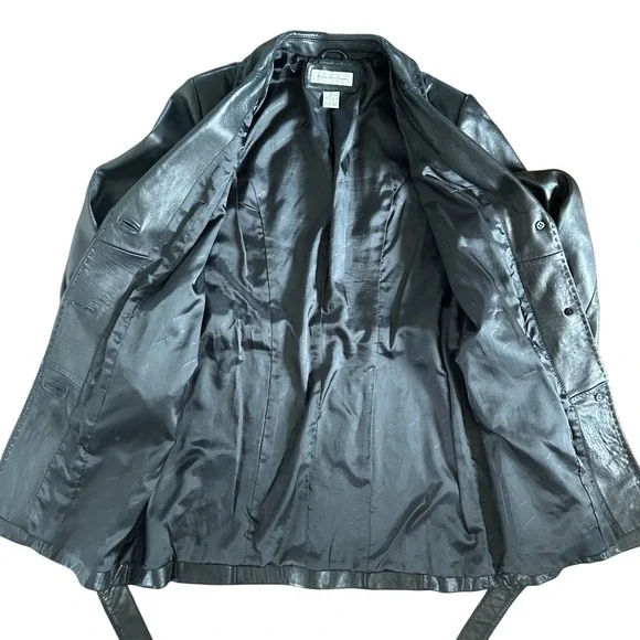 Vintage Preston & York Black Soft Leather‎ Long Trench Jacket Women's Medium - Picture 5 of 7